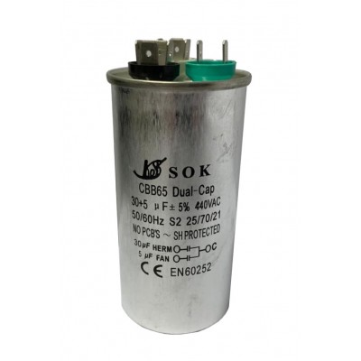 CAPACITOR DUPLO 30 + 5 UF 440 VAC C/ TERM